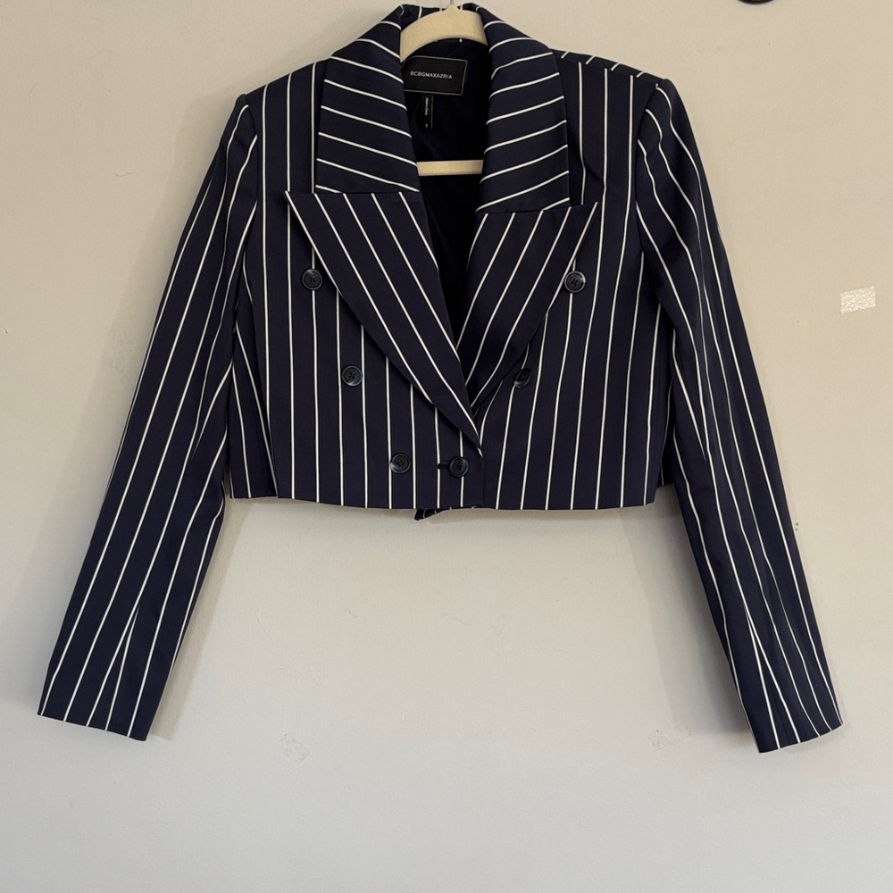 BCBGeneration small cropped Navy and White Striped Blazer